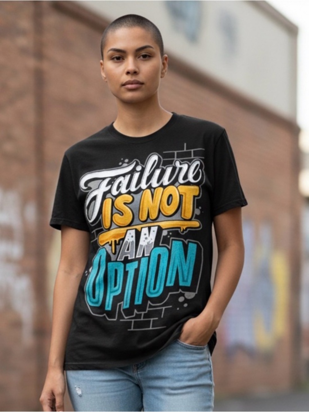 🫶🏻 Black Graphic Tee "Failure Is Not An Option" - Yellow & Teal Print